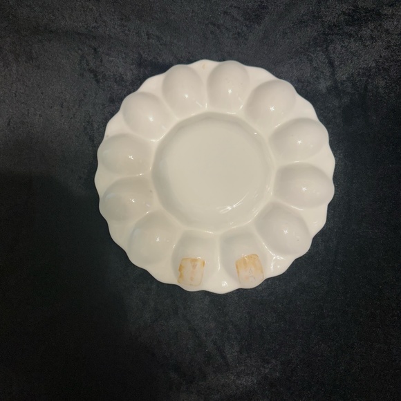 Vintage Deviled Egg Platter Hand Painted with Fruit Center Bright Yellow - Picture 4 of 6